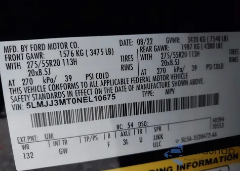 2022 Lincoln Navigator Standard L from USA, damaged, VIN 5LMJJ3MT0NEL10675